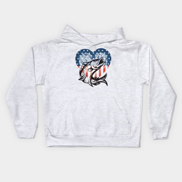 America Loves Bass Fishing (patriotic Heart + bass) Kids Hoodie by PersianFMts